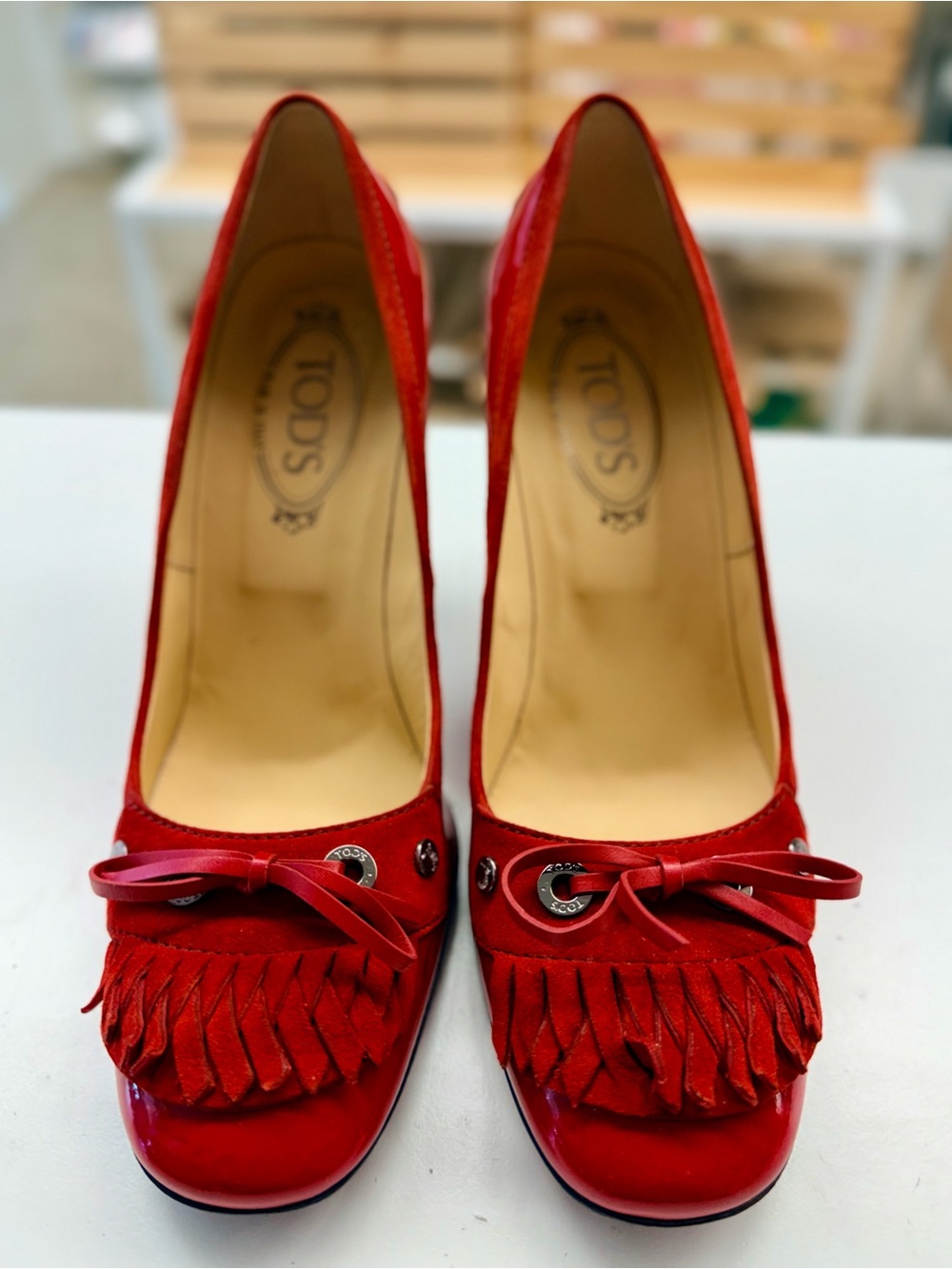 Tod's Red Suede & Patent Fringe Bow Pump - Women's Size 10